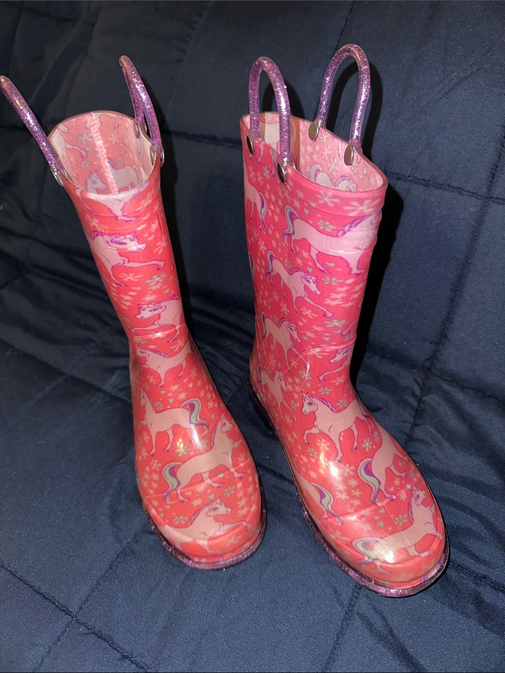 Western Chief Girls' Unicorn Rain Boots w/ Glitter Handles  Working Lights Sz1